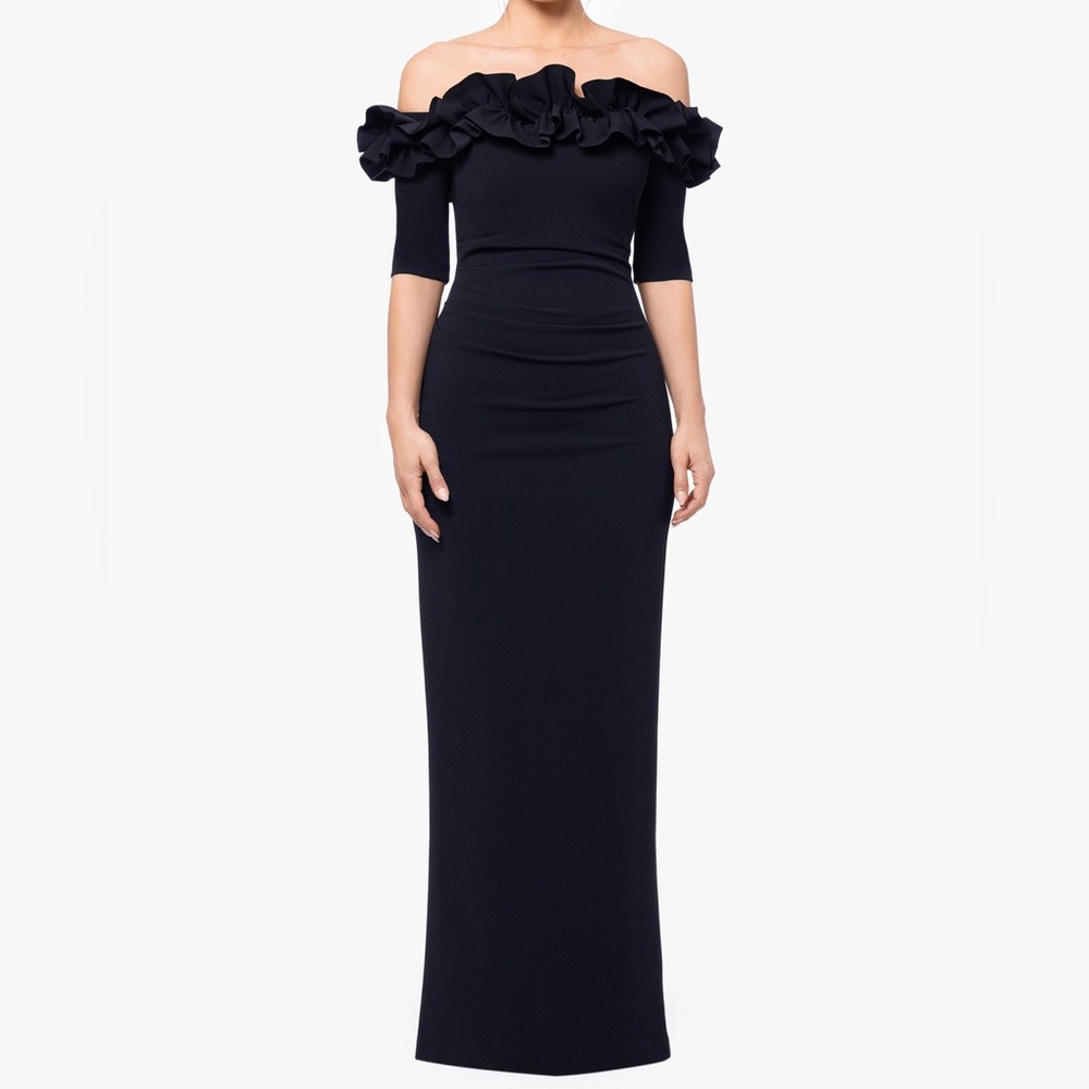 Xscape “Isla” Long Crepe Off the Shoulder Ruffle Dress Black Women’s Sz 16